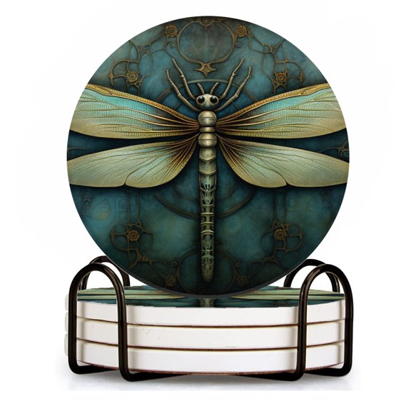 BaHomeck Drink Coasters Set of 4 with Holder beautiful dragonfly in the style of intricate steampunk Water Absorbent Ceramic Coasters Tabletop Protection,Suitable for Various Cup ,Home Decor
