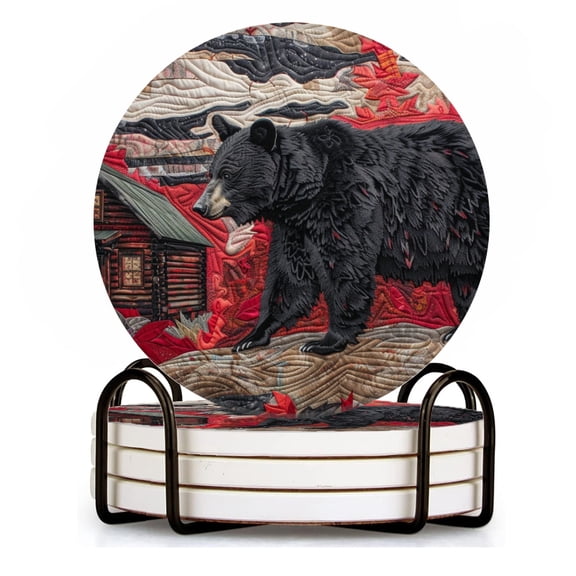 BaHomeck Drink Coasters Set of 4 with Holder black bear walking in front of old log cabin Water Absorbent Ceramic Coasters Tabletop Protection,Suitable for Various Cup ,Home Decor