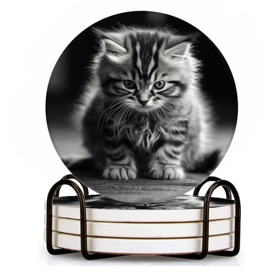 BaHomeck Drink Coasters Set of 4 with Holder black and white photograph of cute kitten with sad expression Water Absorbent Ceramic Coasters Tabletop Protection,Suitable for Various Cup ,Home Decor