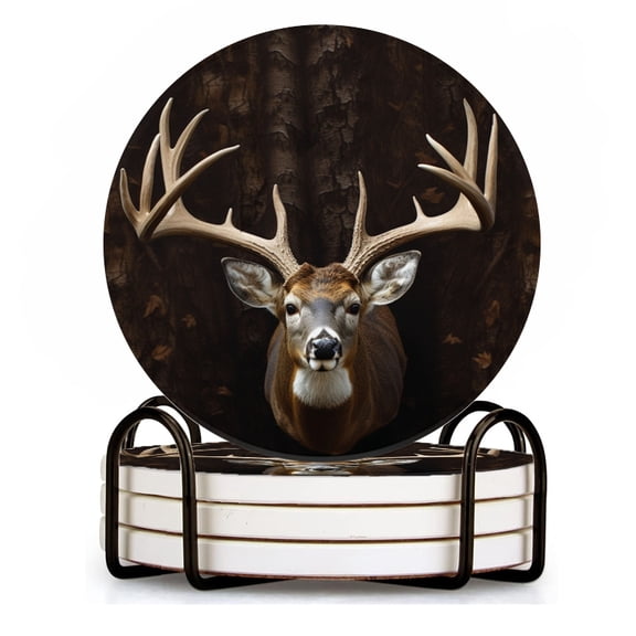 BaHomeck Drink Coasters Set of 4 with Holder buck deer with large antlers hanging on the wall Water Absorbent Ceramic Coasters Tabletop Protection,Suitable for Various Cup ,Home Decor