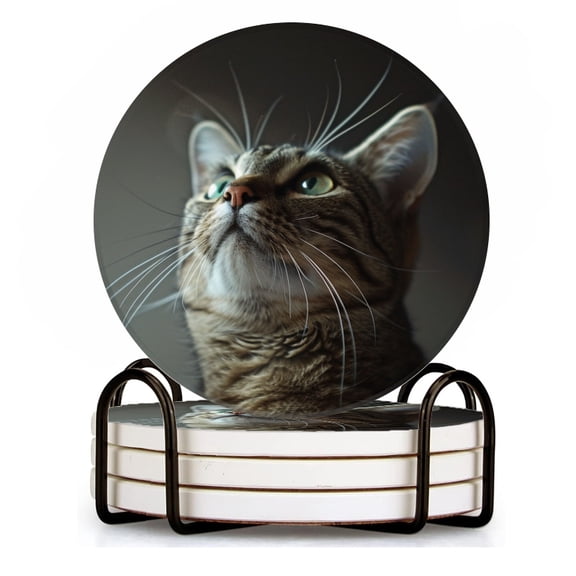 BaHomeck Drink Coasters Set of 4 with Holder The cat looking up at the ceiling shot from below Water Absorbent Ceramic Coasters Tabletop Protection,Suitable for Various Cup ,Home Decor