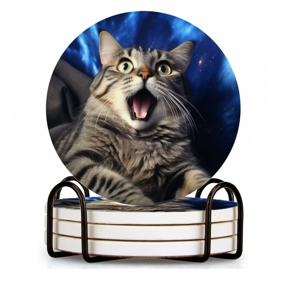 BaHomeck Drink Coasters Set of 4 with Holder cat sitting on the sofa with surprised expression Water Absorbent Ceramic Coasters Tabletop Protection,Suitable for Various Cup ,Home Decor