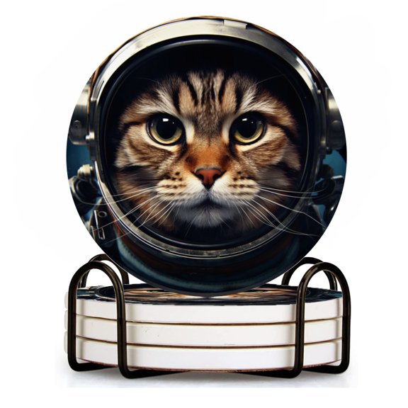 BaHomeck Drink Coasters Set of 4 with Holder cat wearing astronaut helmet against space background Water Absorbent Ceramic Coasters Tabletop Protection,Suitable for Various Cup ,Home Decor