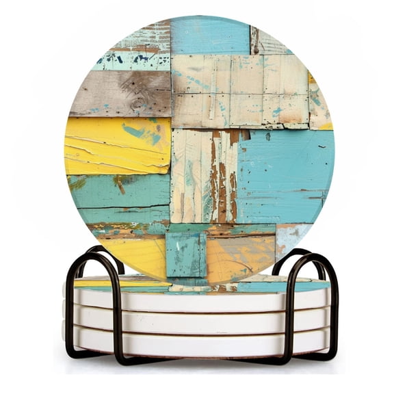 BaHomeck Drink Coasters Set of 4 with Holder collage of rustic wooden planks in various shades and shapes Water Absorbent Ceramic Coasters Tabletop Protection,Suitable for Various Cup ,Home Decor