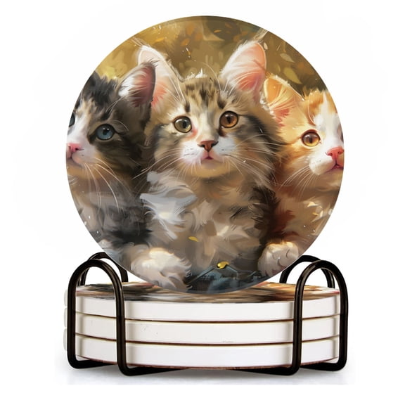 BaHomeck Drink Coasters Set of 4 with Holder cute kittens with beautiful eyes and long fur Water Absorbent Ceramic Coasters Tabletop Protection,Suitable for Various Cup ,Home Decor