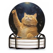 BaHomeck Drink Coasters Set of 4 with Holder cute orange cat waving paw at the sky Water Absorbent Ceramic Coasters Tabletop Protection,Suitable for Various Cup ,Home Decor