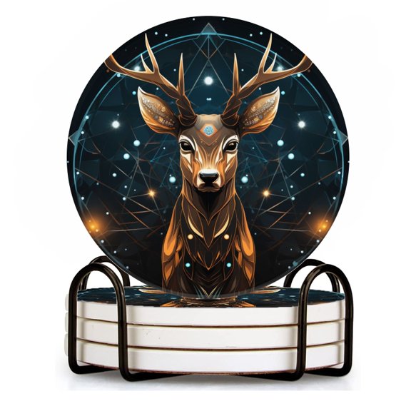 BaHomeck Drink Coasters Set of 4 with Holder deer with Starry sky background Water Absorbent Ceramic Coasters Tabletop Protection,Suitable for Various Cup ,Home Decor