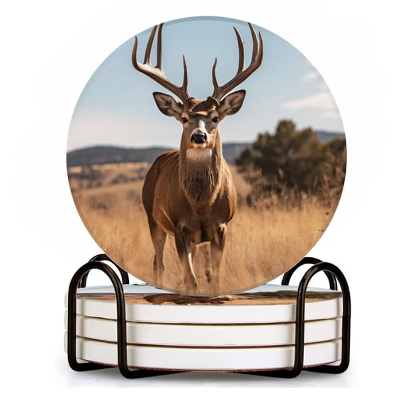 BaHomeck Drink Coasters Set of 4 with Holder deer standing in tall grass with large antlers Water Absorbent Ceramic Coasters Tabletop Protection,Suitable for Various Cup ,Home Decor