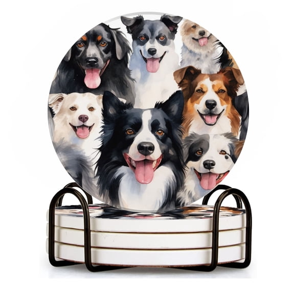 BaHomeck Drink Coasters Set of 4 with Holder different border collies beaming with smiles Water Absorbent Ceramic Coasters Tabletop Protection,Suitable for Various Cup ,Home Decor