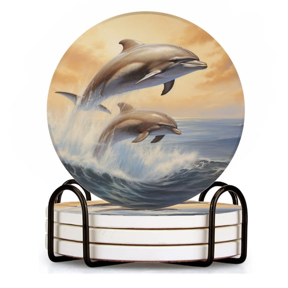 BaHomeck Drink Coasters Set of 4 with Holder dolphins jumping out of the water Water Absorbent Ceramic Coasters Tabletop Protection,Suitable for Various Cup ,Home Decor