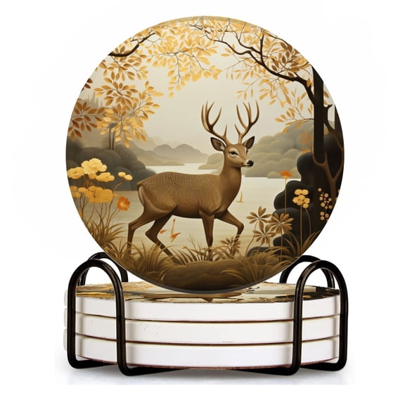 BaHomeck Drink Coasters Set of 4 with Holder elegant deer gracefully moving through autumn forest Water Absorbent Ceramic Coasters Tabletop Protection,Suitable for Various Cup ,Home Decor