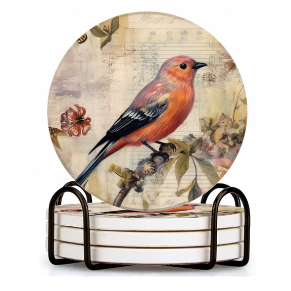 BaHomeck Drink Coasters Set of 4 with Holder elegant red bird perched on the branch of blooming flowers Water Absorbent Ceramic Coasters Tabletop Protection,Suitable for Various Cup ,Home Decor