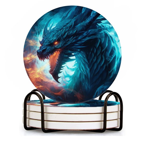 BaHomeck Drink Coasters Set of 4 with Holder An epic background of blue dragon with fire Water Absorbent Ceramic Coasters Tabletop Protection,Suitable for Various Cup ,Home Decor