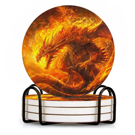 BaHomeck Drink Coasters Set of 4 with Holder fantasy painting of enormous majestic dragon made out of fire Water Absorbent Ceramic Coasters Tabletop Protection,Suitable for Various Cup ,Home Decor