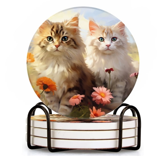 BaHomeck Drink Coasters Set of 4 with Holder fluffy cats sitting in flower field Water Absorbent Ceramic Coasters Tabletop Protection,Suitable for Various Cup ,Home Decor