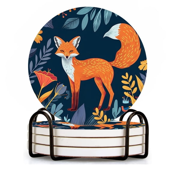BaHomeck Drink Coasters Set of 4 with Holder fox standing in the jungle surrounded by flowers and plants Water Absorbent Ceramic Coasters Tabletop Protection,Suitable for Various Cup ,Home Decor