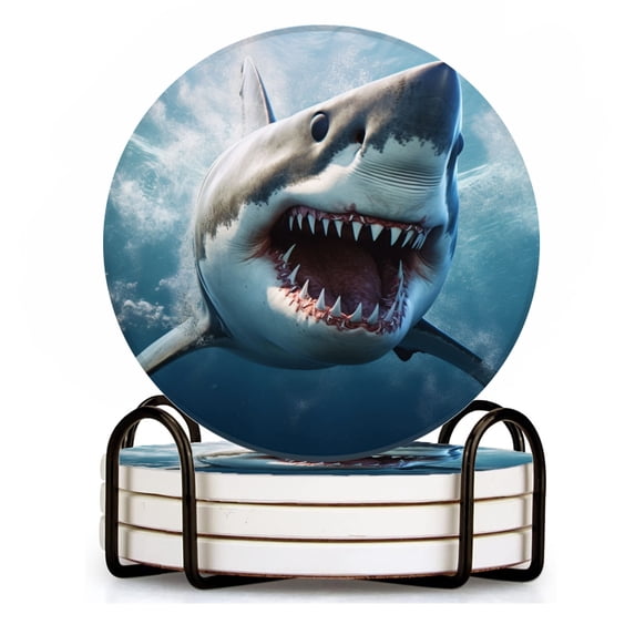 BaHomeck Drink Coasters Set of 4 with Holder great white shark open mouth with sharp teeth Water Absorbent Ceramic Coasters Tabletop Protection,Suitable for Various Cup ,Home Decor