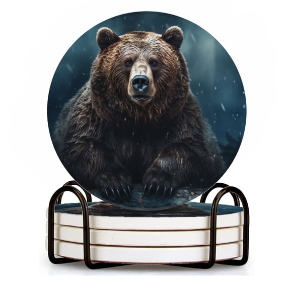 BaHomeck Drink Coasters Set of 4 with Holder grizzly bear sitting on rocks in the dark forest Water Absorbent Ceramic Coasters Tabletop Protection,Suitable for Various Cup ,Home Decor