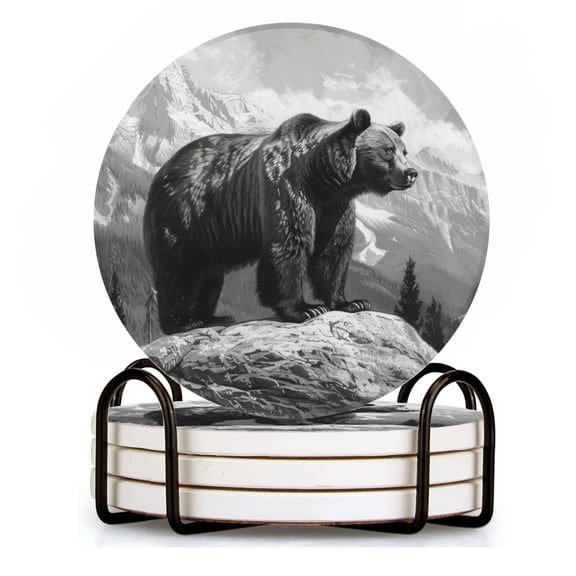 BaHomeck Drink Coasters Set of 4 with Holder grizzly bear standing with trees in the background Water Absorbent Ceramic Coasters Tabletop Protection,Suitable for Various Cup ,Home Decor