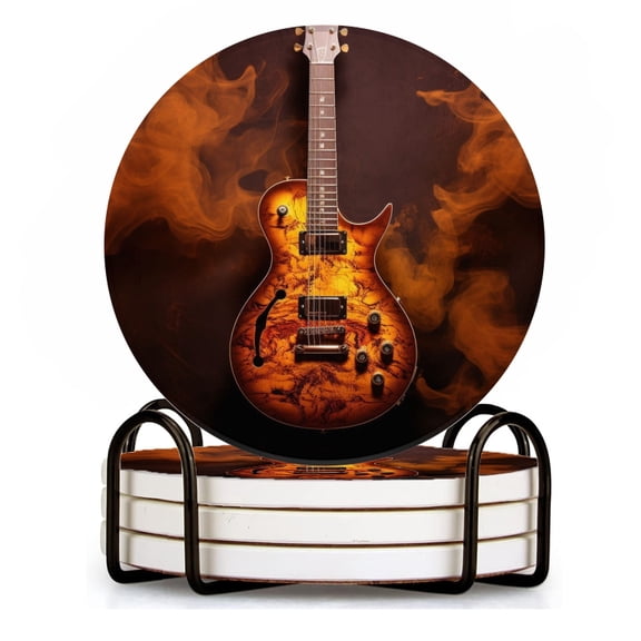 BaHomeck Drink Coasters Set of 4 with Holder guitar with flames and smoke on smoky background Water Absorbent Ceramic Coasters Tabletop Protection,Suitable for Various Cup ,Home Decor