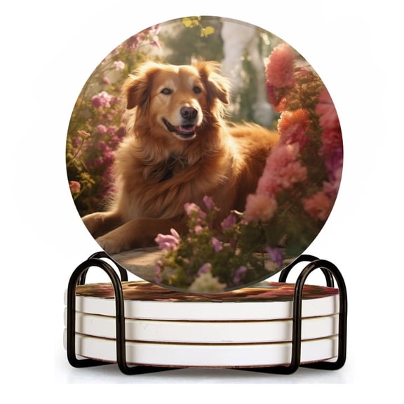 BaHomeck Drink Coasters Set of 4 with Holder happy dog lying in the garden surrounded by flowers Water Absorbent Ceramic Coasters Tabletop Protection,Suitable for Various Cup ,Home Decor