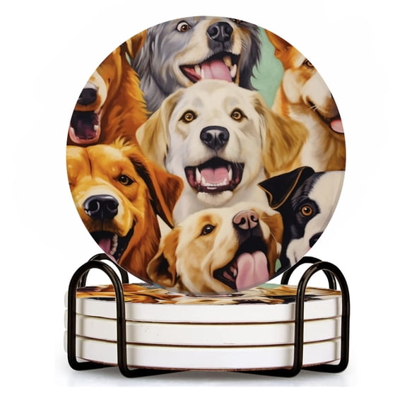 BaHomeck Drink Coasters Set of 4 with Holder happy dogs all different breeds with smiling faces Water Absorbent Ceramic Coasters Tabletop Protection,Suitable for Various Cup ,Home Decor