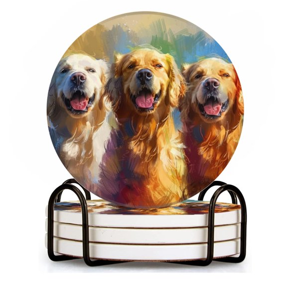 BaHomeck Drink Coasters Set of 4 with Holder happy golden retrievers with oil painting style Water Absorbent Ceramic Coasters Tabletop Protection,Suitable for Various Cup ,Home Decor