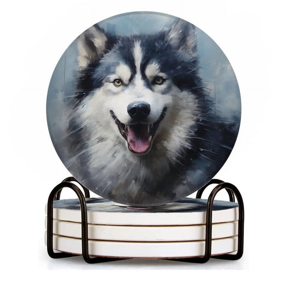 BaHomeck Drink Coasters Set of 4 with Holder happy husky dog Water Absorbent Ceramic Coasters Tabletop Protection,Suitable for Various Cup ,Home Decor