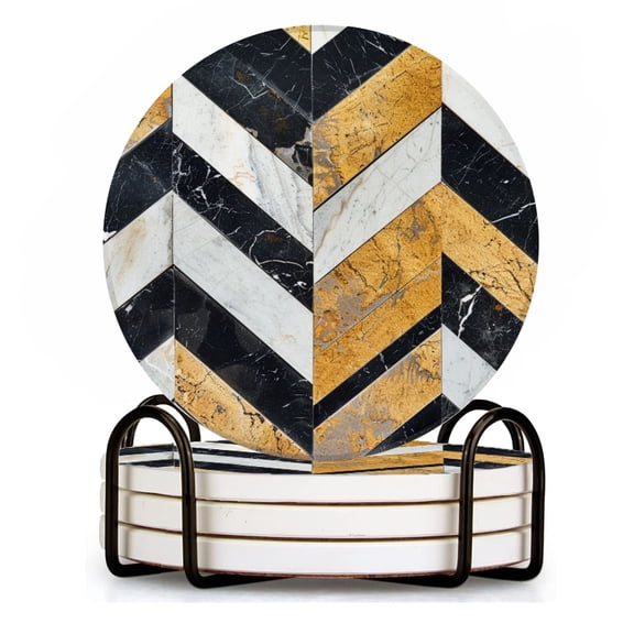 BaHomeck Drink Coasters Set of 4 with Holder herringbone pattern made of black and white marble tiles Water Absorbent Ceramic Coasters Tabletop Protection,Suitable for Various Cup ,Home Decor