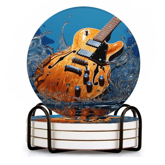 BaHomeck Drink Coasters Set of 4 with Holder hyper-realistic photo of electric guitar with wood grain Water Absorbent Ceramic Coasters Tabletop Protection,Suitable for Various Cup ,Home Decor