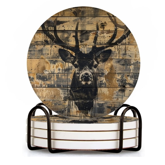 BaHomeck Drink Coasters Set of 4 with Holder large deer head mounted on rustic wood wall Water Absorbent Ceramic Coasters Tabletop Protection,Suitable for Various Cup ,Home Decor