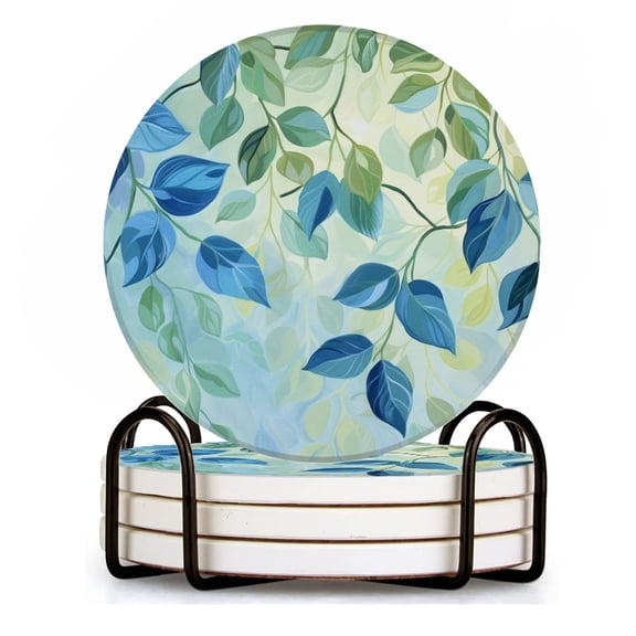 BaHomeck Drink Coasters Set of 4 with Holder large painting depicting leaves Water Absorbent Ceramic Coasters Tabletop Protection,Suitable for Various Cup ,Home Decor