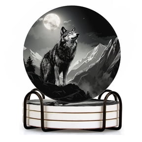 BaHomeck Drink Coasters Set of 4 with Holder majestic wolf standing on the edge of alpine mountain range Water Absorbent Ceramic Coasters Tabletop Protection,Suitable for Various Cup ,Home Decor