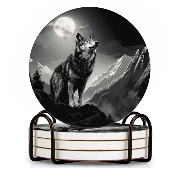 BaHomeck Drink Coasters Set of 4 with Holder majestic wolf standing on the edge of alpine mountain range Water Absorbent Ceramic Coasters Tabletop Protection,Suitable for Various Cup ,Home Decor