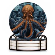 BaHomeck Drink Coasters Set of 4 with Holder massive octopus stands in the factory Water Absorbent Ceramic Coasters Tabletop Protection,Suitable for Various Cup ,Home Decor