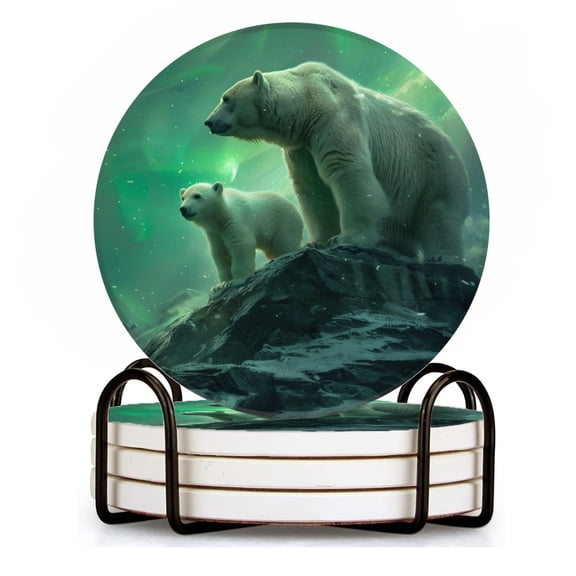 BaHomeck Drink Coasters Set of 4 with Holder mother polar and cub stand on the top of icy mountain Water Absorbent Ceramic Coasters Tabletop Protection,Suitable for Various Cup ,Home Decor