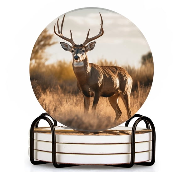 BaHomeck Drink Coasters Set of 4 with Holder mule deer in the wild Water Absorbent Ceramic Coasters Tabletop Protection,Suitable for Various Cup ,Home Decor