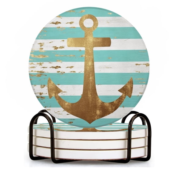 BaHomeck Drink Coasters Set of 4 with Holder nautical striped background with gold foil anchor Water Absorbent Ceramic Coasters Tabletop Protection,Suitable for Various Cup ,Home Decor