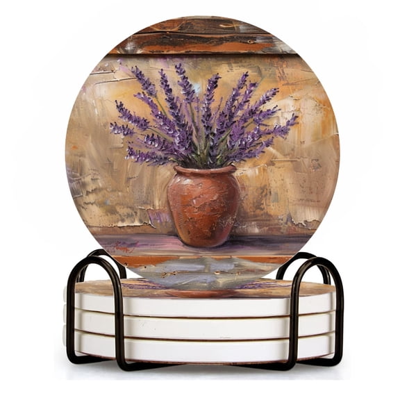 BaHomeck Drink Coasters Set of 4 with Holder oil painting of lavender in old clay pot Water Absorbent Ceramic Coasters Tabletop Protection,Suitable for Various Cup ,Home Decor