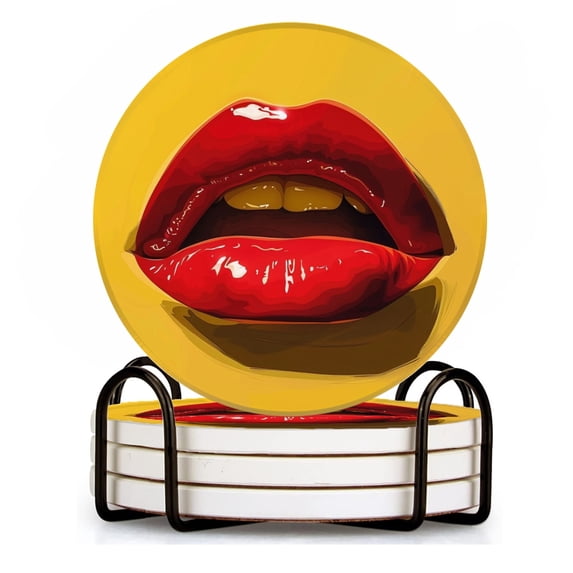 BaHomeck Drink Coasters Set of 4 with Holder open red lips with tongue sticking out on yellow background Water Absorbent Ceramic Coasters Tabletop Protection,Suitable for Various Cup ,Home Decor