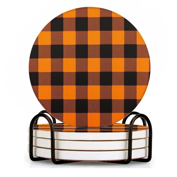 BaHomeck Drink Coasters Set of 4 with Holder orange and black checkered pattern Water Absorbent Ceramic Coasters Tabletop Protection,Suitable for Various Cup ,Home Decor