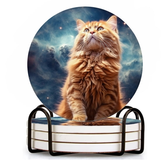 BaHomeck Drink Coasters Set of 4 with Holder orange cat with long fur standing upright and looking up Water Absorbent Ceramic Coasters Tabletop Protection,Suitable for Various Cup ,Home Decor