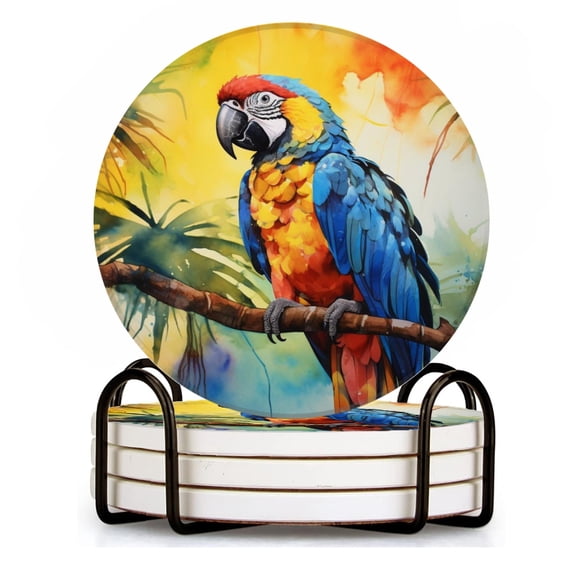 BaHomeck Drink Coasters Set of 4 with Holder parrot sitting on tree branch in jungle Water Absorbent Ceramic Coasters Tabletop Protection,Suitable for Various Cup ,Home Decor