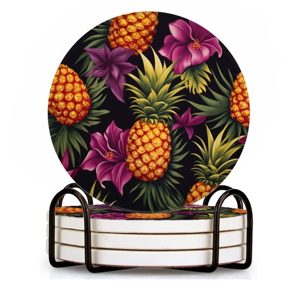 BaHomeck Drink Coasters Set of 4 with Holder pineapples on black background Water Absorbent Ceramic Coasters Tabletop Protection,Suitable for Various Cup ,Home Decor