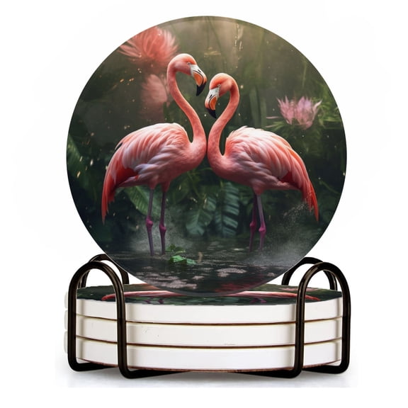 BaHomeck Drink Coasters Set of 4 with Holder pink flamingos standing in the water with jungle background Water Absorbent Ceramic Coasters Tabletop Protection,Suitable for Various Cup ,Home Decor