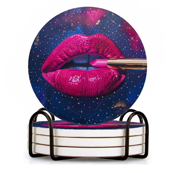BaHomeck Drink Coasters Set of 4 with Holder pink lipstick in the shape of lips lying on abstract background Water Absorbent Ceramic Coasters Tabletop Protection,Suitable for Various Cup ,Home Decor