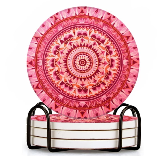 BaHomeck Drink Coasters Set of 4 with Holder pink and red circular patterned Indian with mandala Water Absorbent Ceramic Coasters Tabletop Protection,Suitable for Various Cup ,Home Decor
