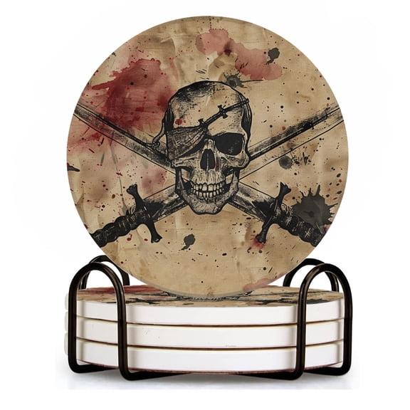 BaHomeck Drink Coasters Set of 4 with Holder pirate flag with crossed sabers and skull Water Absorbent Ceramic Coasters Tabletop Protection,Suitable for Various Cup ,Home Decor