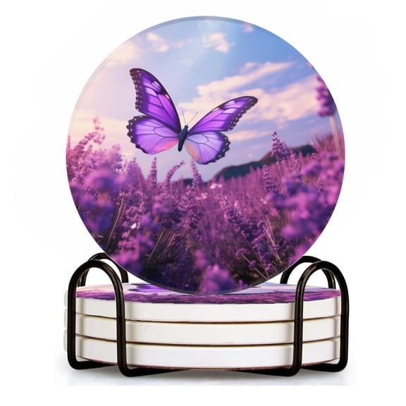 BaHomeck Drink Coasters Set of 4 with Holder purple butterfly flying over a field of lavender flowers Water Absorbent Ceramic Coasters Tabletop Protection,Suitable for Various Cup ,Home Decor