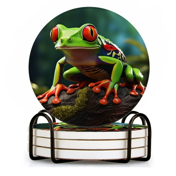 BaHomeck Drink Coasters Set of 4 with Holder red-eyed tree frog sitting on mossy log in jungle background Water Absorbent Ceramic Coasters Tabletop Protection,Suitable for Various Cup ,Home Decor